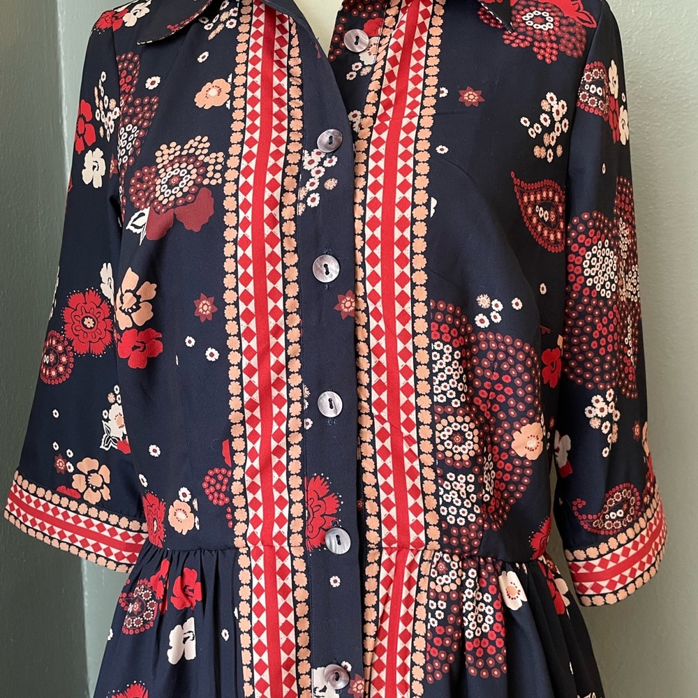 eshakti Navy Blue Floral Midi Dress with Red and White Prints - Picture 2 of 10